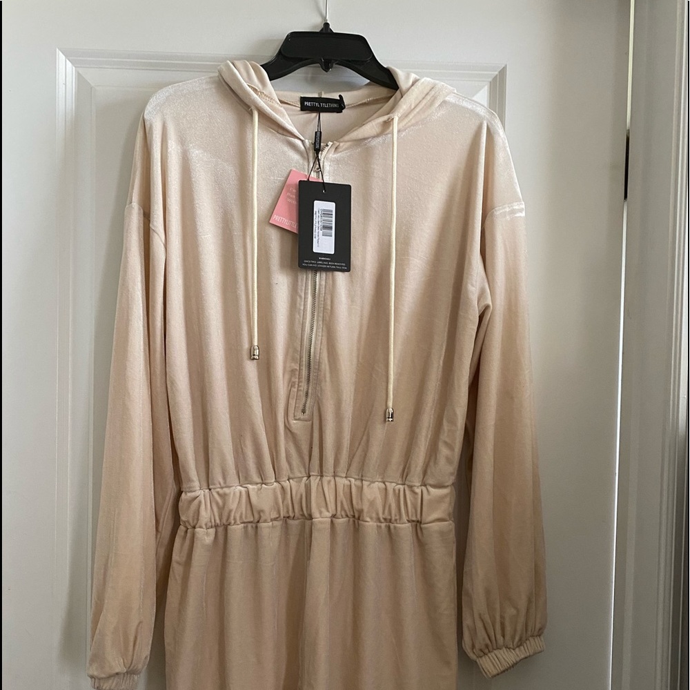 PLT Cream Velour Seam Detail Hooded Romper